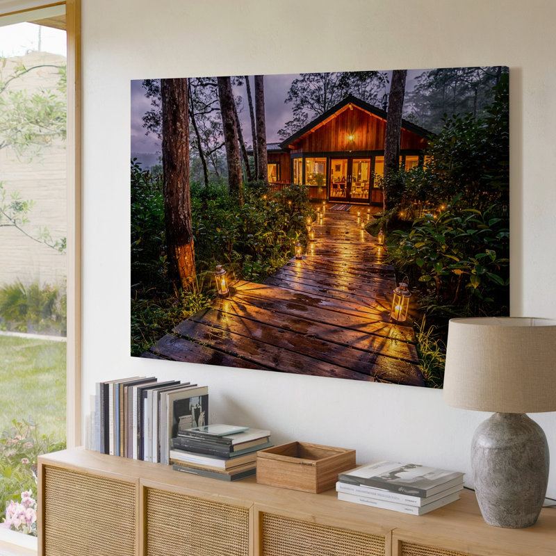 Reproduction d'art sur toile Cozy Forest Cabin With Lanterns, 30 x 40 in