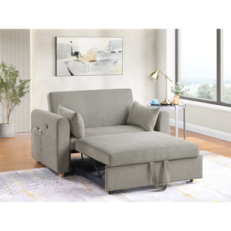 Causeuse convertible en velours côtelé l 55 po Marielle avec ports USB, poches pour magazines et coussins Marielle, Gris