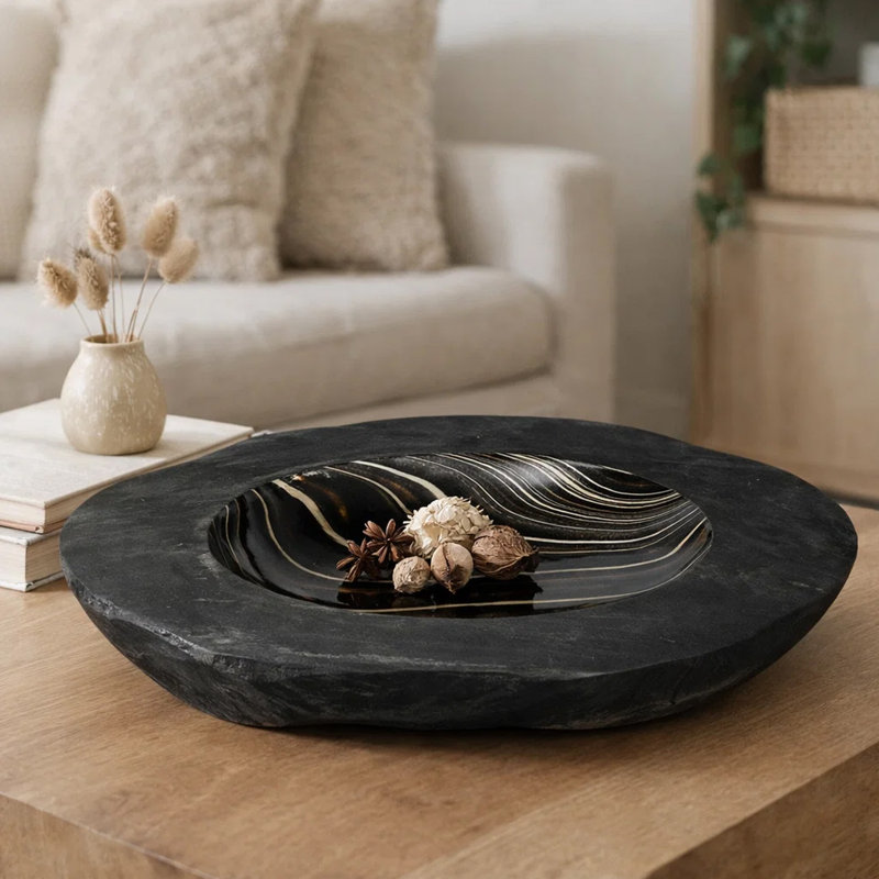 Bol décoratif décoratif, bord vivant, bois de teck noir de 12 pouces