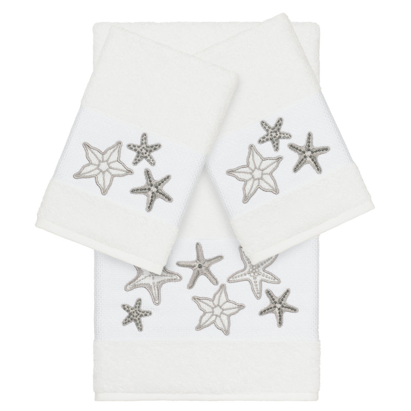 Lydia 100% Turkish Cotton Embellished 3 Piece Towel Set, White, 3 Piece Towel Set (Bath Towel, 2 Hand Towels)