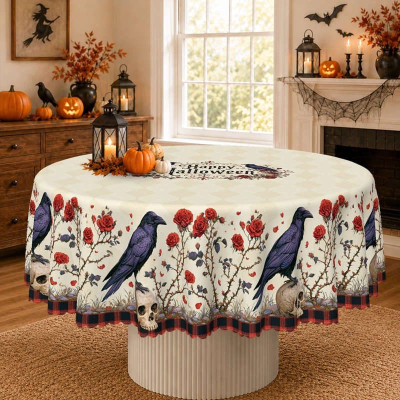 Nappe gothique vintage d'Halloween - Chemin de table à bordure florale avec corbeau, crâne et roses rouges.