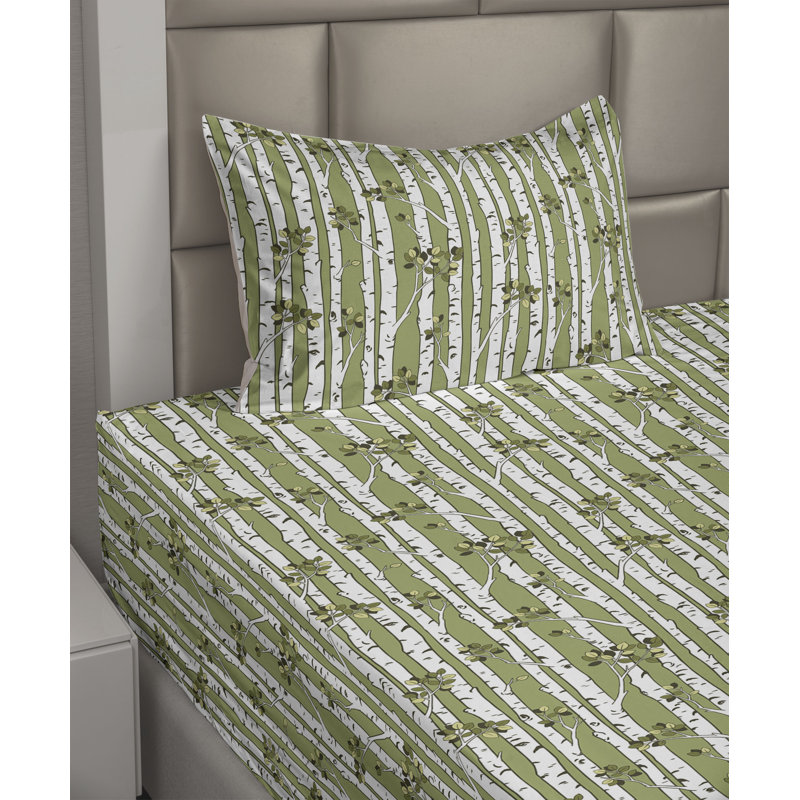 Ambesonne Forest Sheet Set Long Exotic Trees Asia Vibes Pale Olive Green and White, Twin XL Sheet Set with 1 Pillowcase