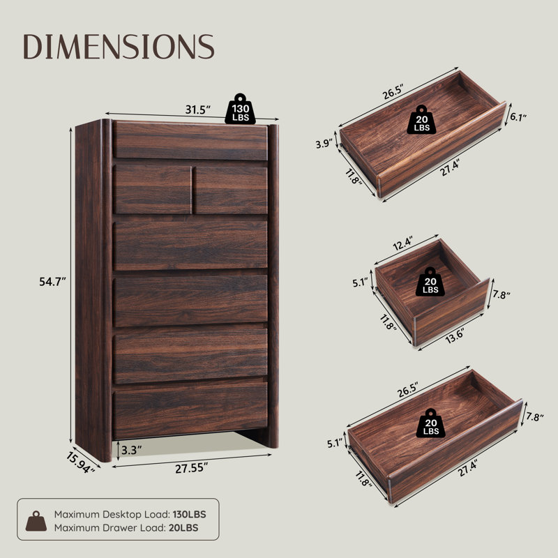 Commode 7 tiroirs Bolanos, 54.7" H x 31.5" W x 15.94" D, Brun