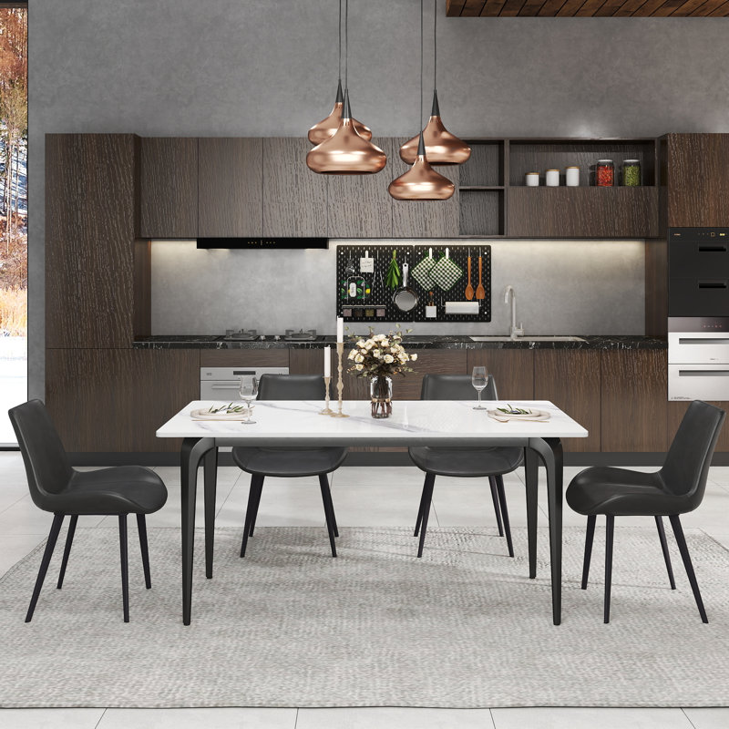 6 Seat Modern Stone Dining Table Set With Faux Leather Side Chairs, 7-piece Dining Set, White, Gray