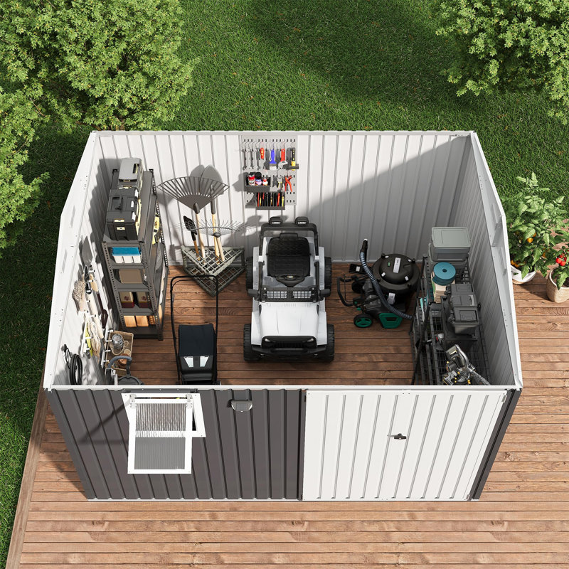 Remise de rangement extérieure en métal galvanisé 10 x 8 pi avec fenêtre escamotable, lumière DEL, panneau perforé, évents, portes verrouillables