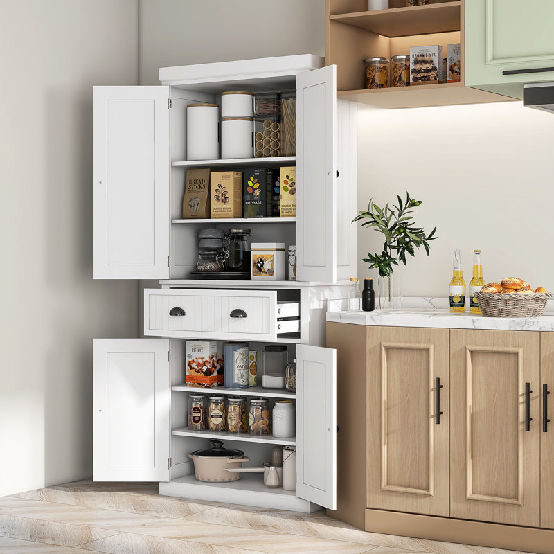 Tablette de garde-manger 72 po: armoire haute avec tiroir et portes. Blanc, peut contenir différentes choses. Tablettes réglables. Attrait. Coffre-fort stable. Capacité de 22 lb par tablette. Assemblage requis: Rangement
