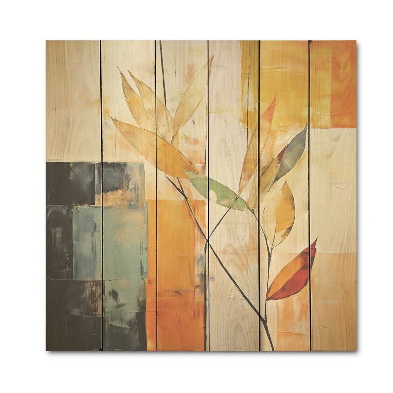 Abstrait abstrait abricot, collage I - feuilles, art mural sur bois de pin naturel, H 36 po x l 36 po