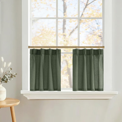  Pinch Pleated Linen Valances for Windows, 2 Panels Set Farmhouse Light Filtering Small Sheer Curtains for Cafe Bar Kitchen Over Sink Christmas Decor