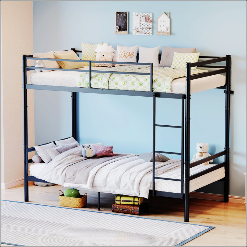 Lit superposé avec échelle et garde-corps haut, capable de se diviser, lit superposé en métal, espace de rangement, silencieux, taille simple sur simple, noir