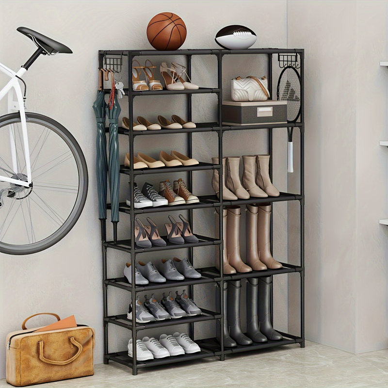 Tall Garage Shoe Rack Large Capacity,two Rows Versatile Hooks Storage Boot Shelf Black 24-35 Pairs
