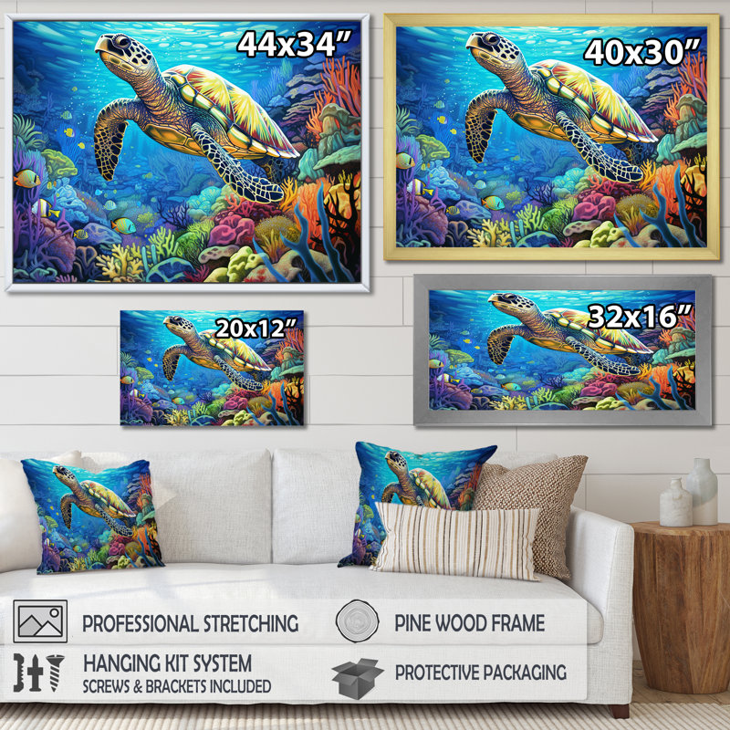 «Blue Sea Turtle World» - art mural corail sous l'eau, Toile tendue, H 24 po x l 32 po x P 1 po