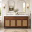 Meuble-lavabo double 60 po, portes en rotin et pieds en bois massif