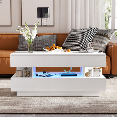 Table basse à plateau relevable avec 2 tiroirs, table basse moderne avec compartiment dissimulé adéquat, table basse à plateau relevable multifonctionnel avec finition ultrabrillante pour le salon
