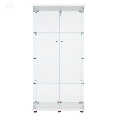 Lighted Two Door Glass Display Cabinet With 4 Shelves, Perfect For Showcasing Collectibles And Enhancing Room Decor.