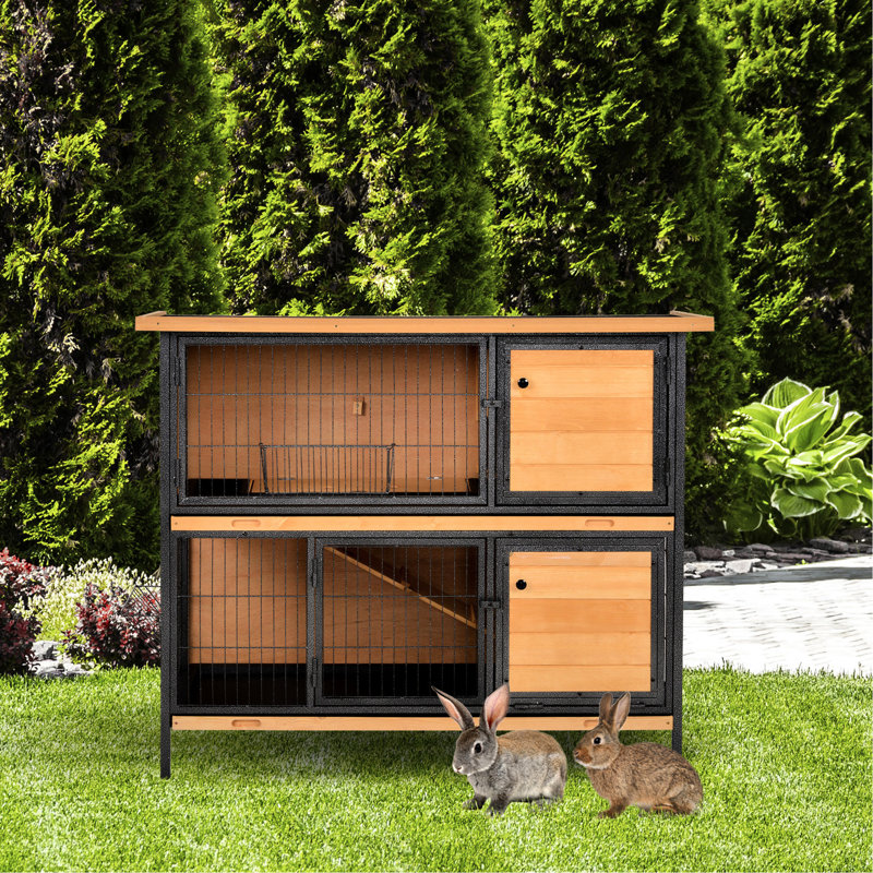 Cage à lapin en bois de 2 étages - structure en métal, toit imperméable, portes verrouillables, auge, grande table de 48 po et en métal, plateau sans fuites, boîte de course