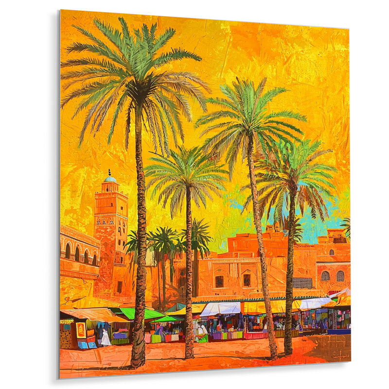 Désert, oasis, art marocain, impression traditionnelle sur métal, H 20 po x l 12 po x P 0,84 po