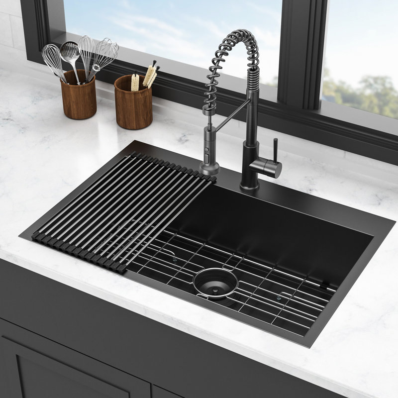Gunmetal Black Kitchen Sink - 30"X22"X9". 18 Gauge Stainless Steel. Scratch Resistance, . 3.5" Drain. Includes Drain Assembly And Roll Up Rack. Noise Reducing Pad Steel 30X22x9 Inch. Gauge. Quality.