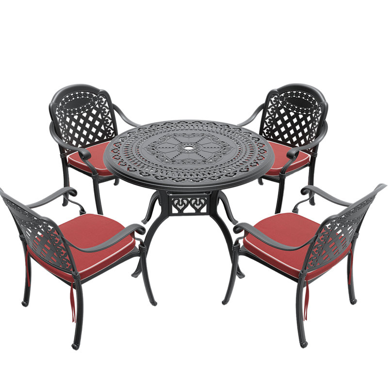 Ensemble de 5 meubles de patio en aluminium coulé avec cadre noir et coussins de siège rouges, 4