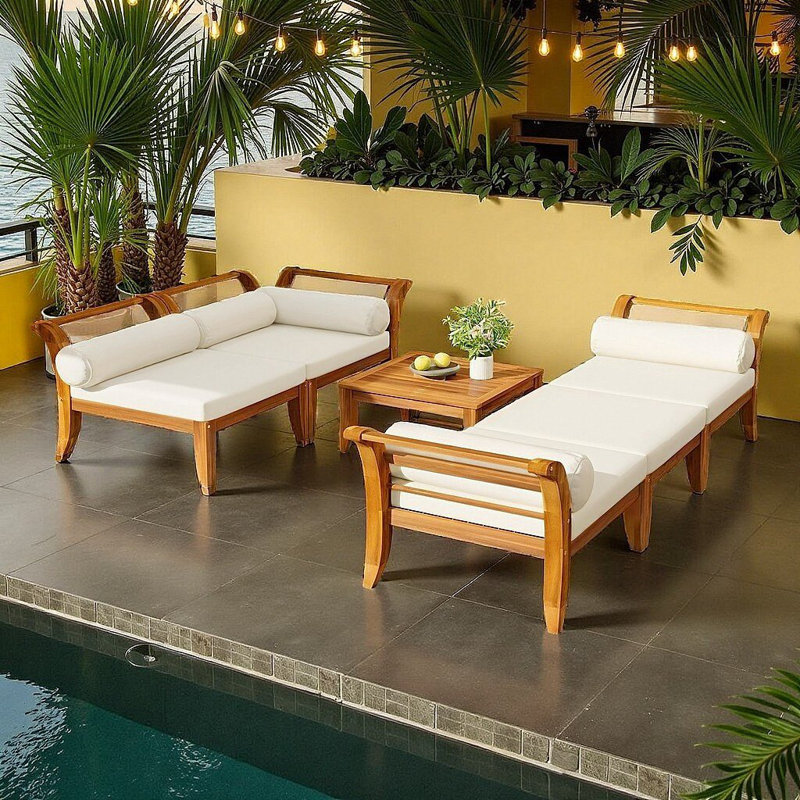Luxury Acacia Wood Modular Patio Sofa Set - L-Shaped Outdoor Sectional with Convertible Daybed, Ottoman & Weatherproof Cushions