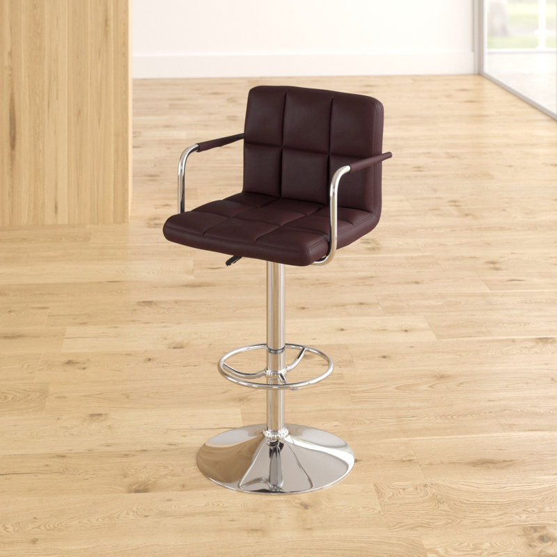 Sleek Brown Quilted Vinyl Adjustable Swivel Barstool with Chrome Base