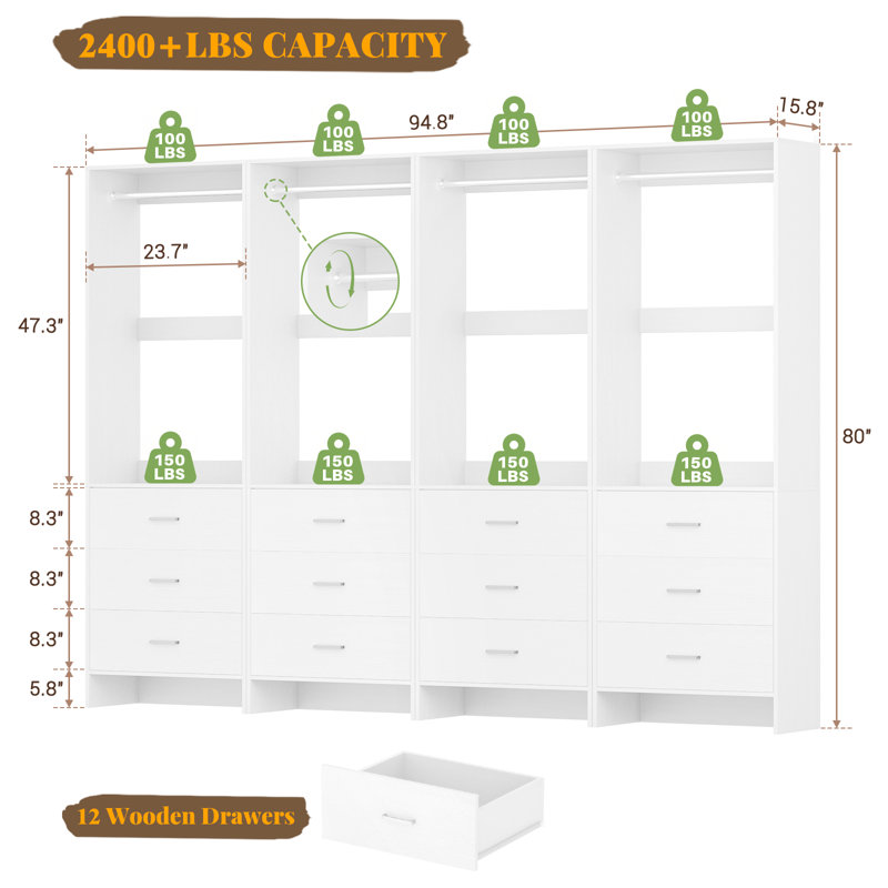 Traig 8ft Closet System with Wooden Drawers and Hanging Rods, White
