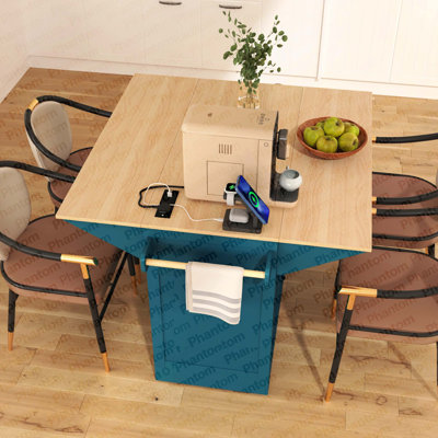Grand îlot de cuisine 55,7 po avec 2 abattants K&K, chariot de cuisine roulant sur 5 roulettes avec prise de courant, table de salle à manger pliante avec porte-épices et porte-serviettes, 3 tiroirs, pour la cuisine, la salle à manger, vert