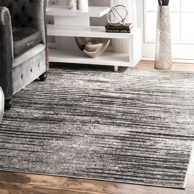 Khadijah Striped Light Gray Area Rug, Rectangle 6'7" x 9'