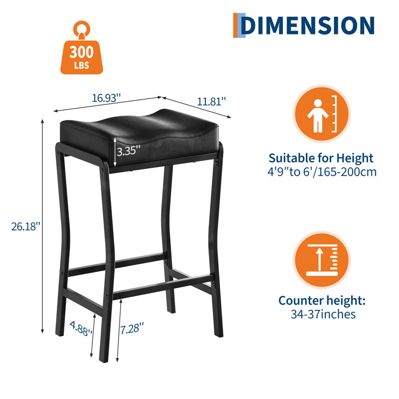 Set of 4 Counter Height Bar Stools - Modern Saddle Stools with Thick Faux Leather Seat, Sturdy Metal Frame & Footrest for Kitchen Island, Dining Room, Black