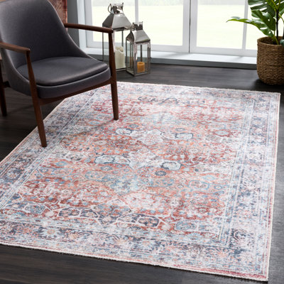 Tapis traditionnel lavable antidérapant - brique / bleu foncé 