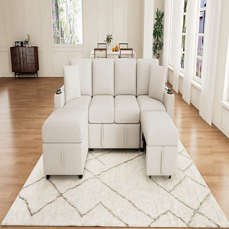Canapé-lit modulaire convertible en L de 109,1 po avec canapé-lit en U et canapé-lit mobile avec rangement pour le salon, beige