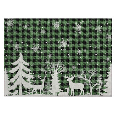 Machine Washable Indoor/Outdoor Christmas Reindeer Xhevrie Green Rug