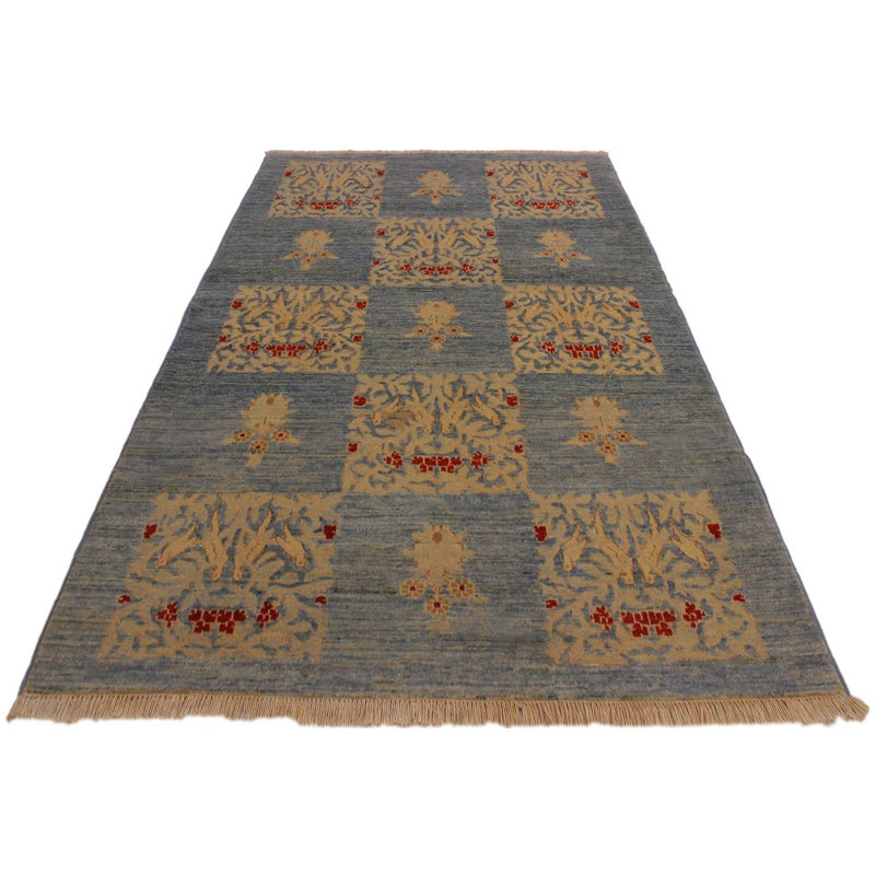 Tapis bleu / beige en laine noué à la main 4 pi 2 po x 5 pi 10 po Silke Southwestern
