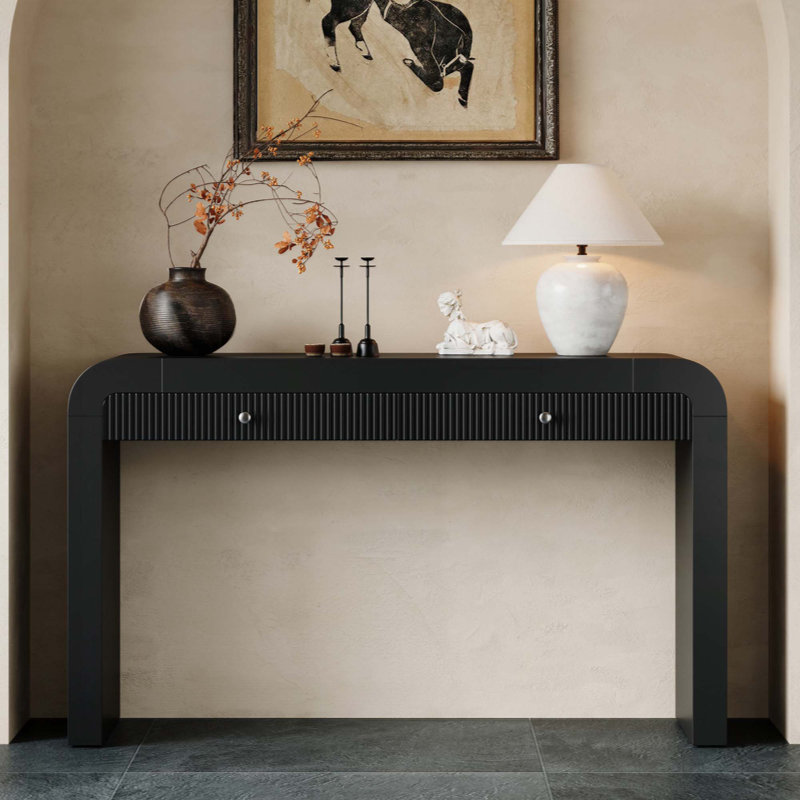 Rustic Console Table With Fluted Drawer Front, Entryway Table With Curved Corners & Thick Legs, Sturdy Sofa Table For Hallway & Living Room