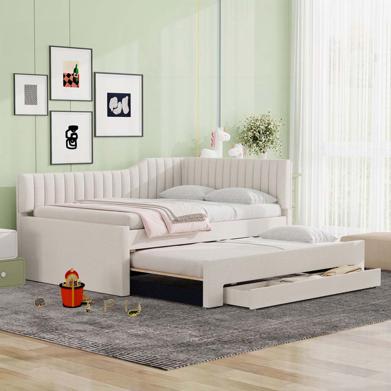 Upholstered Daybed with Trundle and Three Drawers, Beige, Full/Double