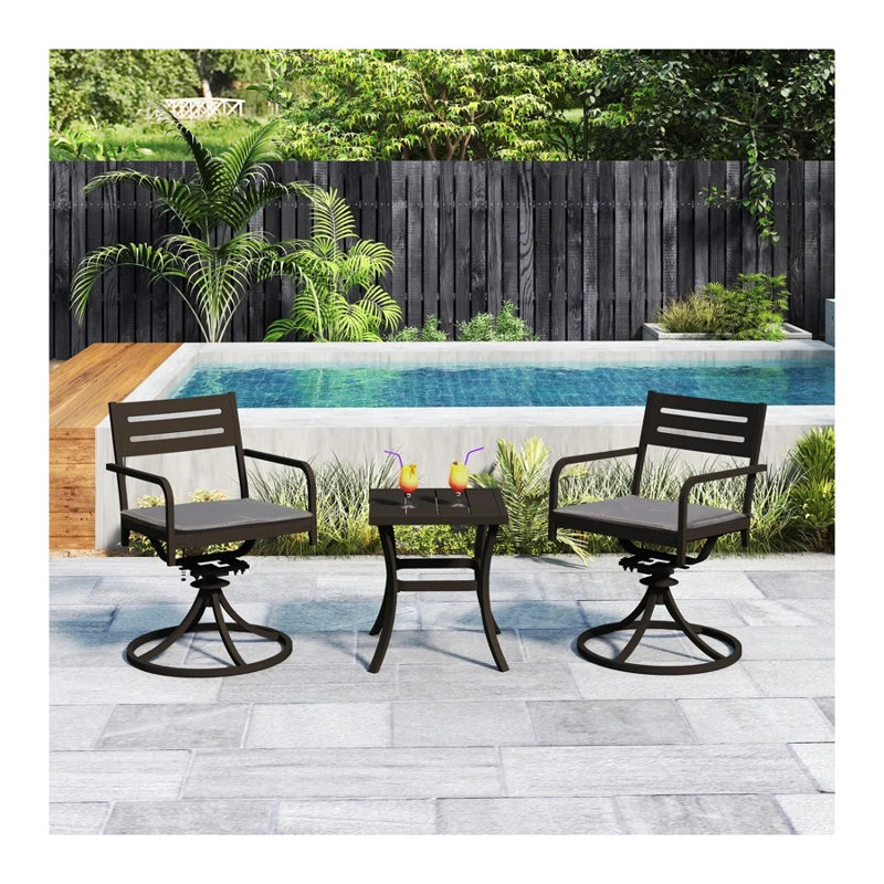 Gray Metal Outdoor Swivel Patio Conversation Set with Square Side Table - 2 Armchairs