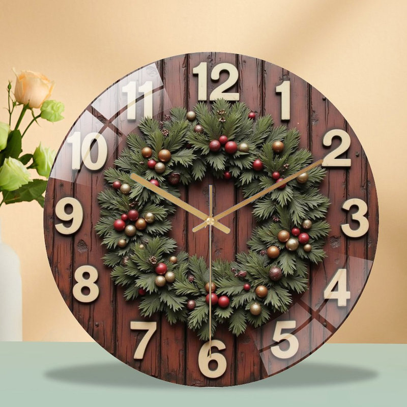 Horloge murale de Noël avec couronne et ornements - Horloge murale moderne en verre 12 po