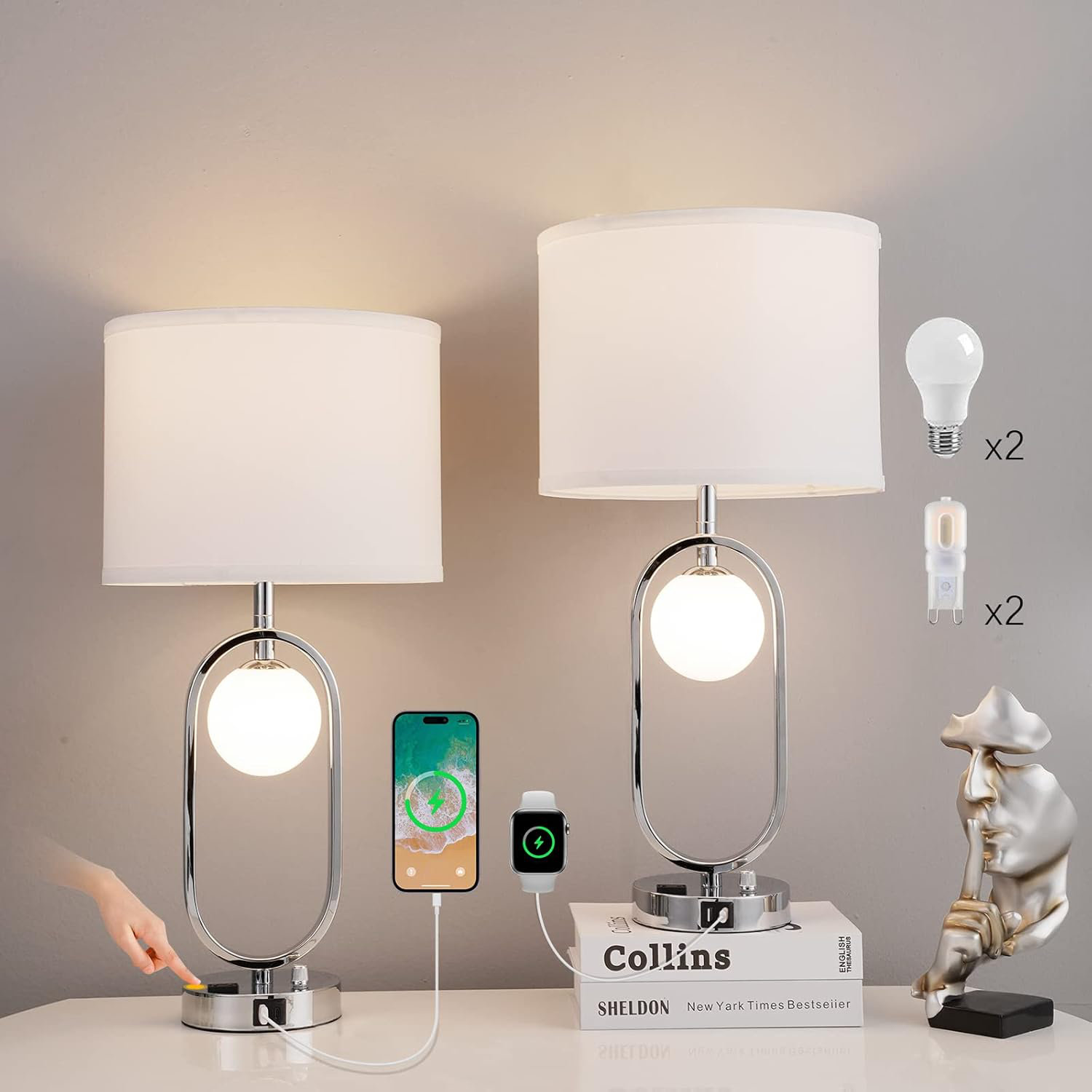 Crystal Table Lamps with USB Ports Set of 2 - 3 Way Dimmable for Bedrooms, image size:1500x1500