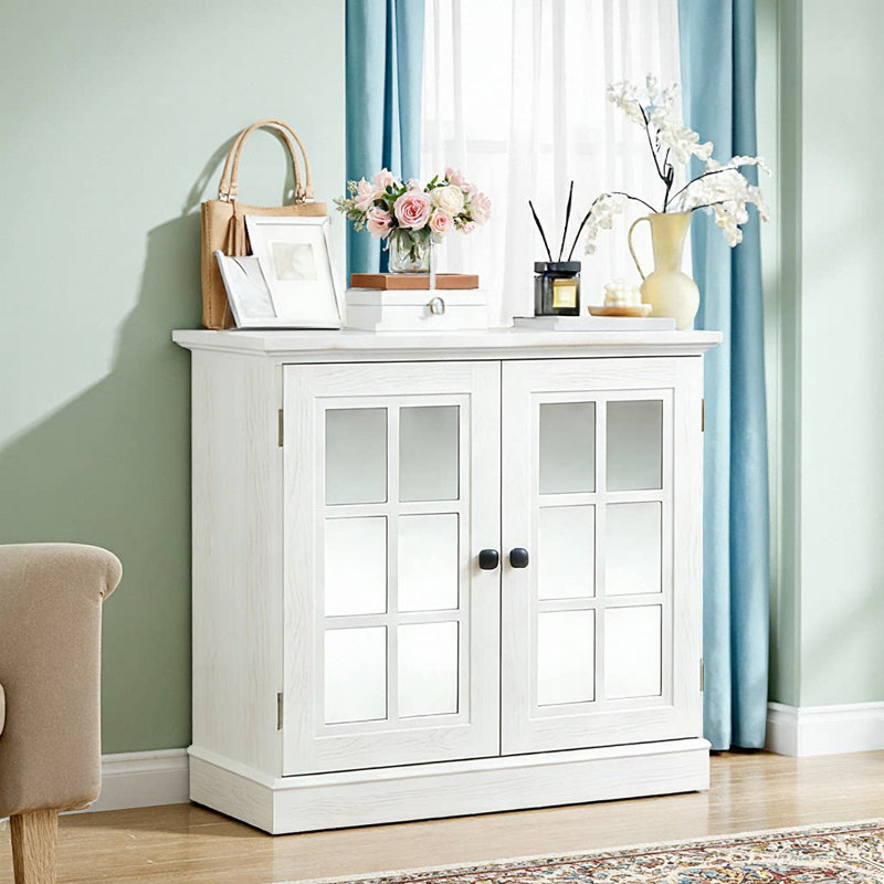 Space-Saving White Storage Cabinet with Acrylic Mirrored Doors & Adjustable Shelf, White