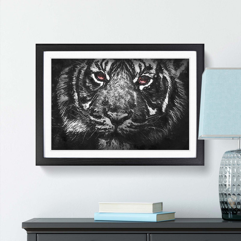 Tiger with Yellow Eyes in Abstract - Picture Frame Painting Print, Black, 40cm H x 60cm W x 2cm D