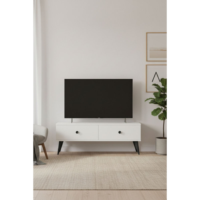 Console de rangement 47,2 "avec portes rabattables - Meuble télé moderne Mid-Century, Blanc