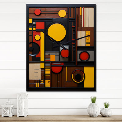 Géométrie rétro en jaune III - Horloge murale moderne abstraite