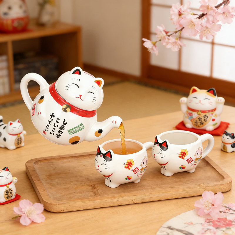 Service à thé japonais en céramique Maneki Neko Lucky Cat avec théière, 2 tasses et infuseur en acier inoxydable dans une boîte cadeau