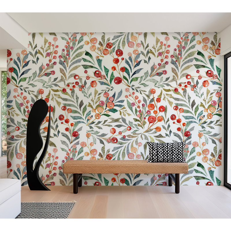 Papier peint botanique - Feuilles de baies rouges, L 27 po x l 39 po
