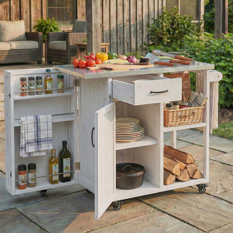 Durable Outdoor Kitchen Island With Stainless Steel Top, Ample Storage, And Lockable Wheels For Patio Convenience, White