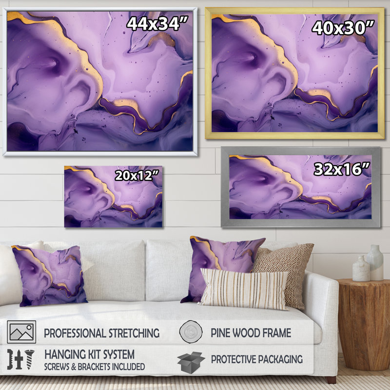 Encre mauve et mauve à l'encre de marbre III, reproduction sur toile, H 16 po x l 32 po x P 1 po, Cadre flottant noir