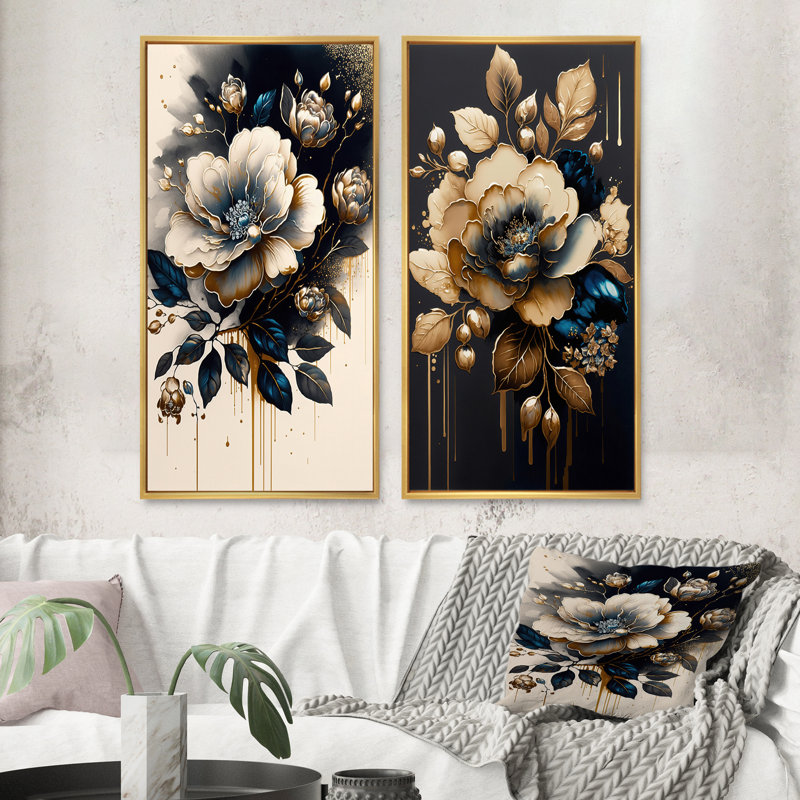 «Black and Gold Camellia Bouquet II», 2 pièces, H 32 po x l 32 po, Encadrement doré