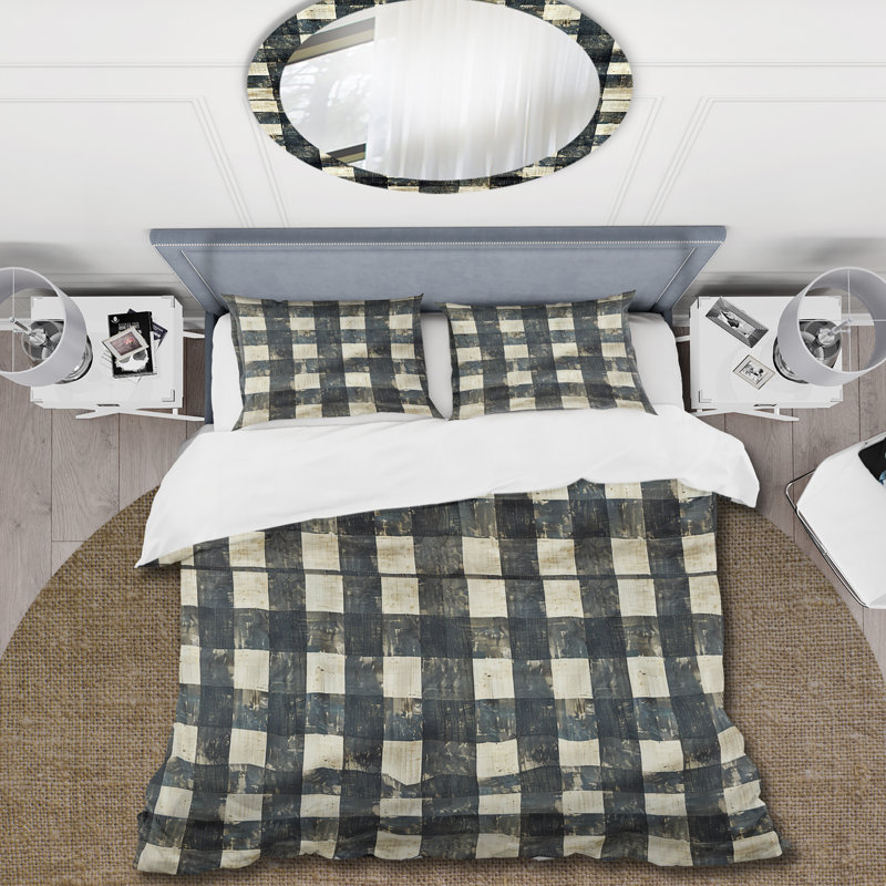 Ensemble de housse de couette Mid-Century noir et gris Gingham III, Housse de couette très grand + 2 taies décorativ