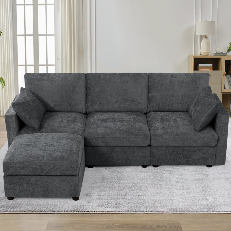 84" Chenille Sectional Sofa With Reversible Ottoman, Modern Couch With Upholstered Cushion, Comfy 3-Seat Sofa For Living Room, Office