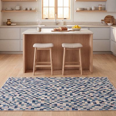 Tapis Aspen moderne à poils courts, motif mosaïque mouchetée abstraite, bleu marine, turquoise, gris, crème et rose, antidérapant, idéal pour l'intérieur et l'extérieur, adapté aux animaux domestiques, pour salon, chambre, salle à manger, entrée, couloir, bureau. Lavable.