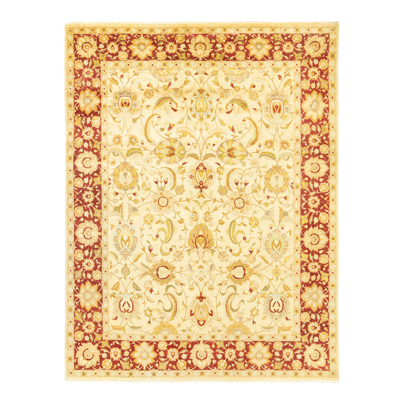 Tapis ivoire / orange en laine noué à la main de conception unique 7 pi 10 po x 10 pi 5 po Keenan